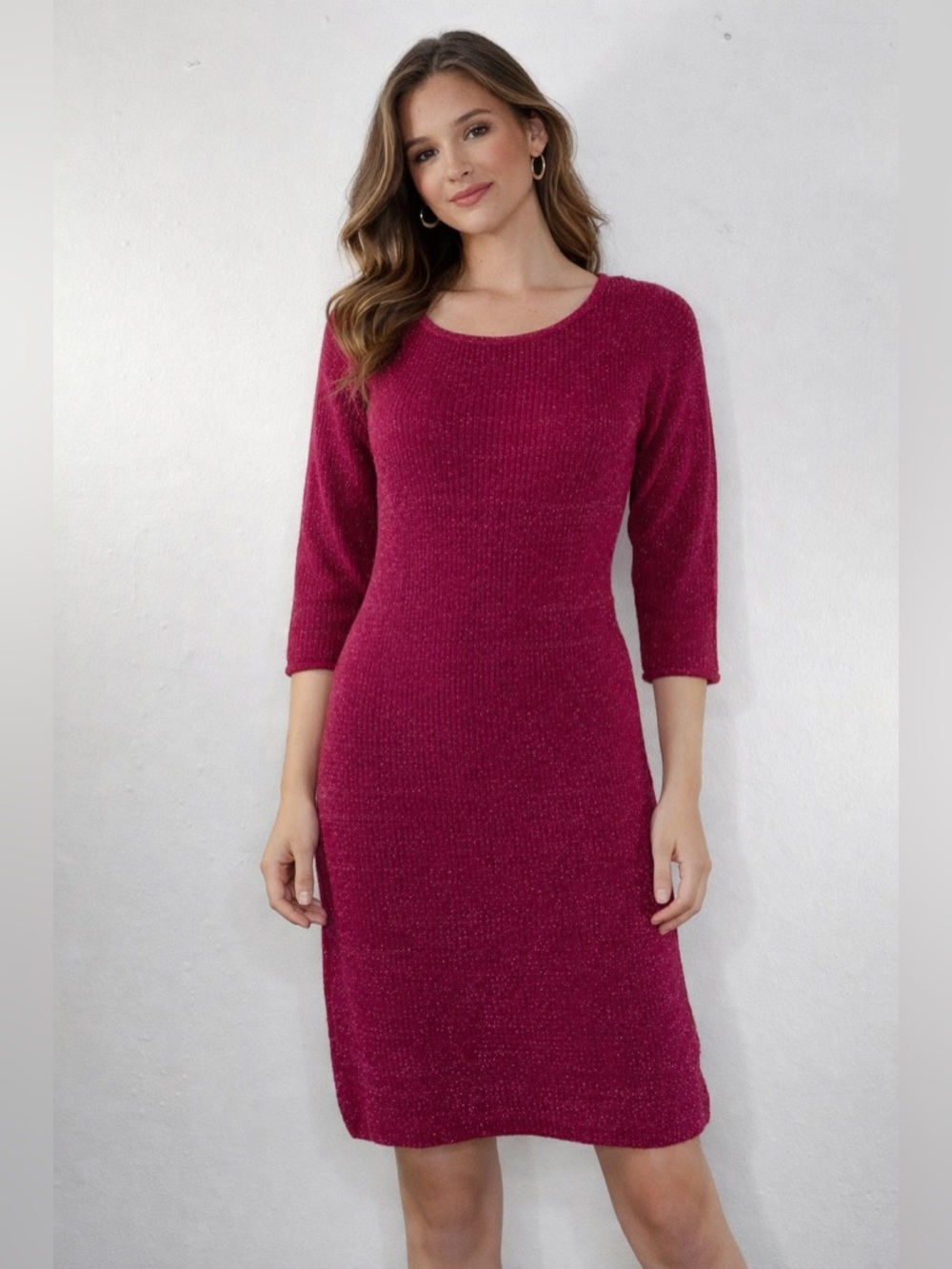 T/O Pink Knit Dress Size Medium Fitted 3/4 Sleeve Chic
